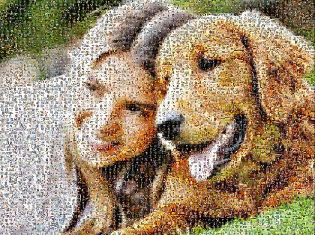 Kislány és golden retriever mozaikkép több száz családi fotóból