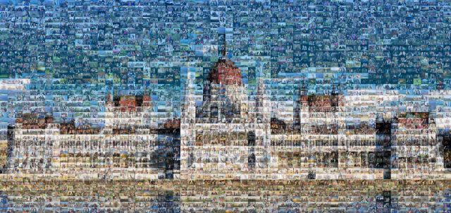 Budapesti Parlament mozaikkép a Duna felől, fekvő panoráma